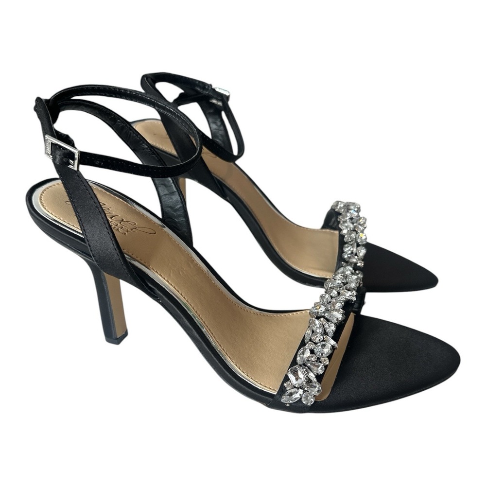 New Jewel Badgly Mischka Heels Sandals Women's Size 9 Black Satin Embellished